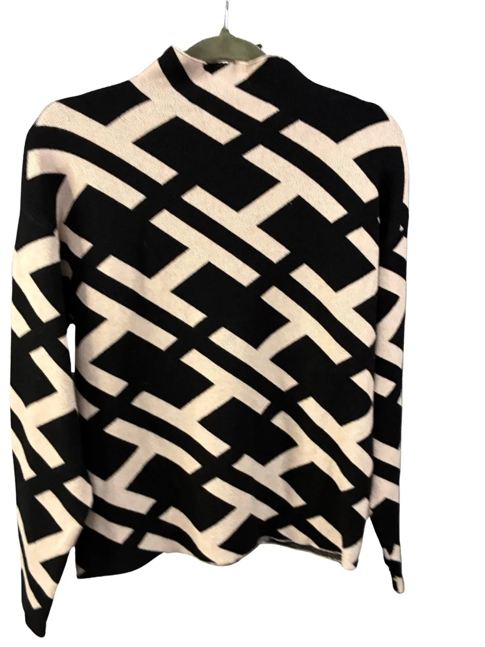 Black and Cream Geometric Mock Neck Sweater - Picture 2 of 2